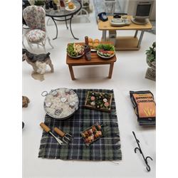 1:12 scale dolls house conservatory and garden accessories, including white wooden glazed conservatory on a stone effect base, black and white metal garden seating, barbecue, plant shelves, parasol, barbeque accessories, large planters, rabbit hutch, animals, chimenea, etc