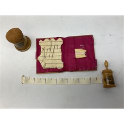 Collection of Mauchline ware relating to sewing, to include two tape measures, one example featuring 'the wish tower, Eastbourne, two pin cushions, the taller example featuring Ventnor looking west, four thimble holders etc (12)