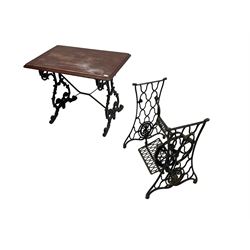 Cast iron 'Singer' treadle sewing machine base (W60cm, H71cm, D48cm), and a pub or bistro table with moulded rectangular top on ornate scroll cast iron supports (91cm x 61cm, H70cm)