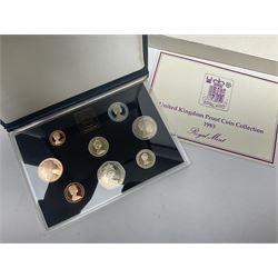 The Royal Mint United Kingdom 1983 proof coin collection in blue folder with certificate, 1983 uncirculated coin collection, two 1987 brilliant uncirculated coin collections, commemorative crowns etc