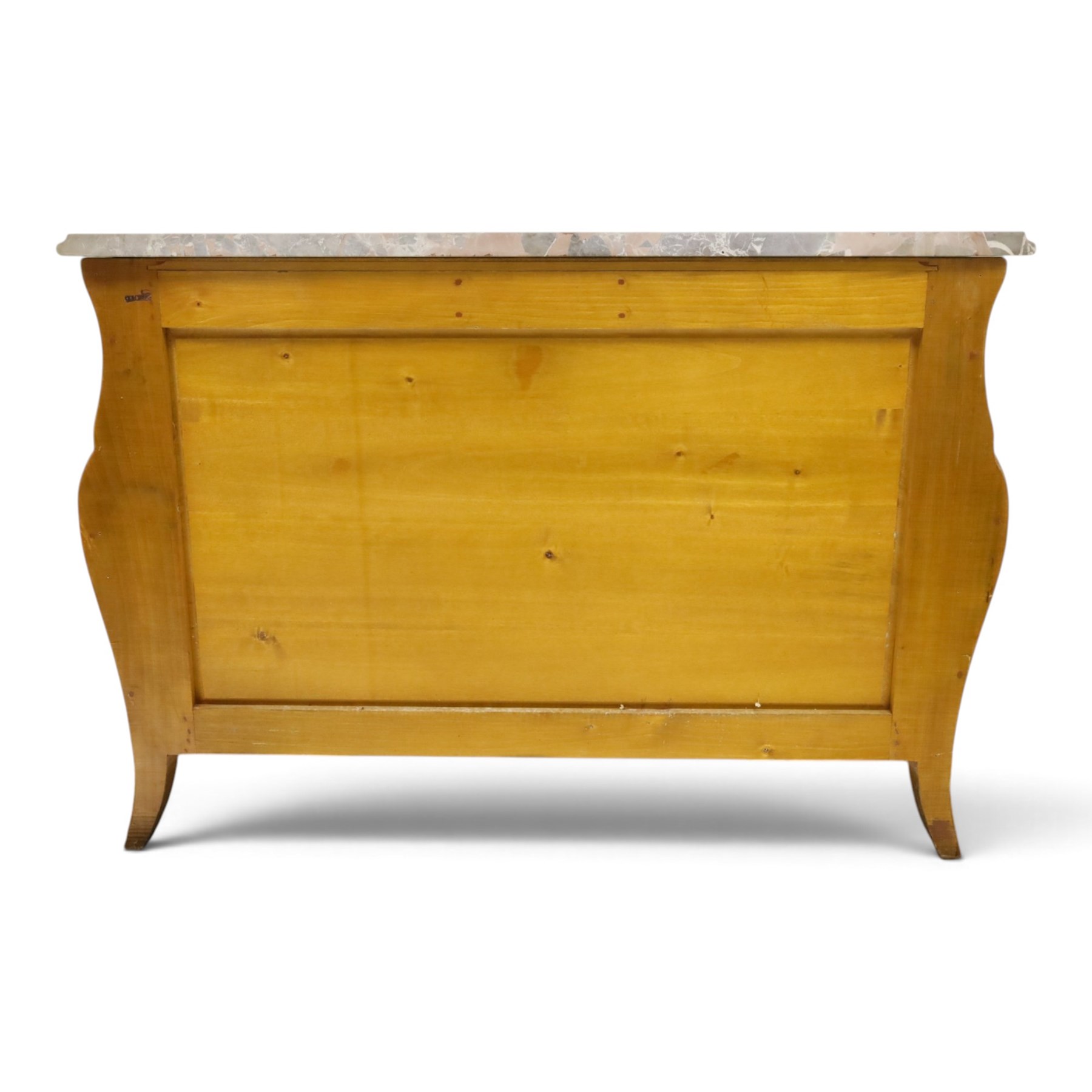 Colombo Mobili - Italian Louis XV design kingwood and marquetry bombé commode chest, the shaped marble top with moulded edge, fitted with an assortment of three shaped short drawers over two long, each with parquetry veneered facias and rocaille shaped gilt metal handles and escutcheons, flanked by gilt metal cartouche mounts with scroll and foliate detail, shaped apron on splayed bracket feet