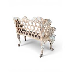 Victorian revival Carron Foundry design heavy cast iron two seat garden bench, scrolled arms with pierced lattice seat, finished in antique white paint