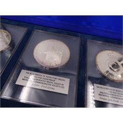 British Commemorative Society Ltd, set of six commemorative .999 fine silver proof medals, no. 13 to 18 , to include The Dunkirk Medal, The Captain Cook Medal, The Battle of Agincourt Medal, The Prince of Wales Investiture Medal, The Stonehenge Medal and The Queen Elizabeth Medal, each contained within clear perspex cases, in a silk lined fitted case