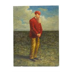 After Anton Maria Mucchi Vignoli (Italian 1871-1945): Professional Golfers Old Tom Morris and Young Tom Morris, pair of oils on wood panel one indistinctly signed 41cm x 31cm (2) (unframed)