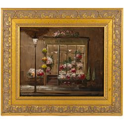 Deborah Jones (British 1921-2012): Flower Shop at Dusk, oil on board signed 25cm x 30.5cm