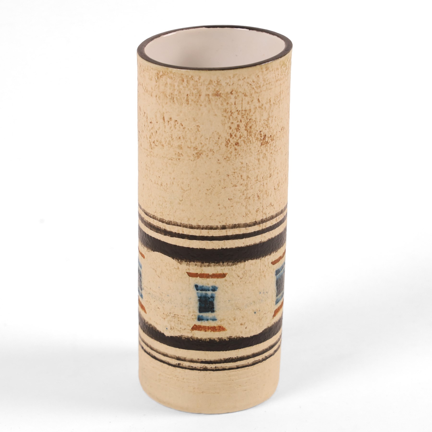 Troika cylindrical vase decorated with circles upon a striped backdrop, designed by Linda Taylor, with painted marks beneath, H14cm