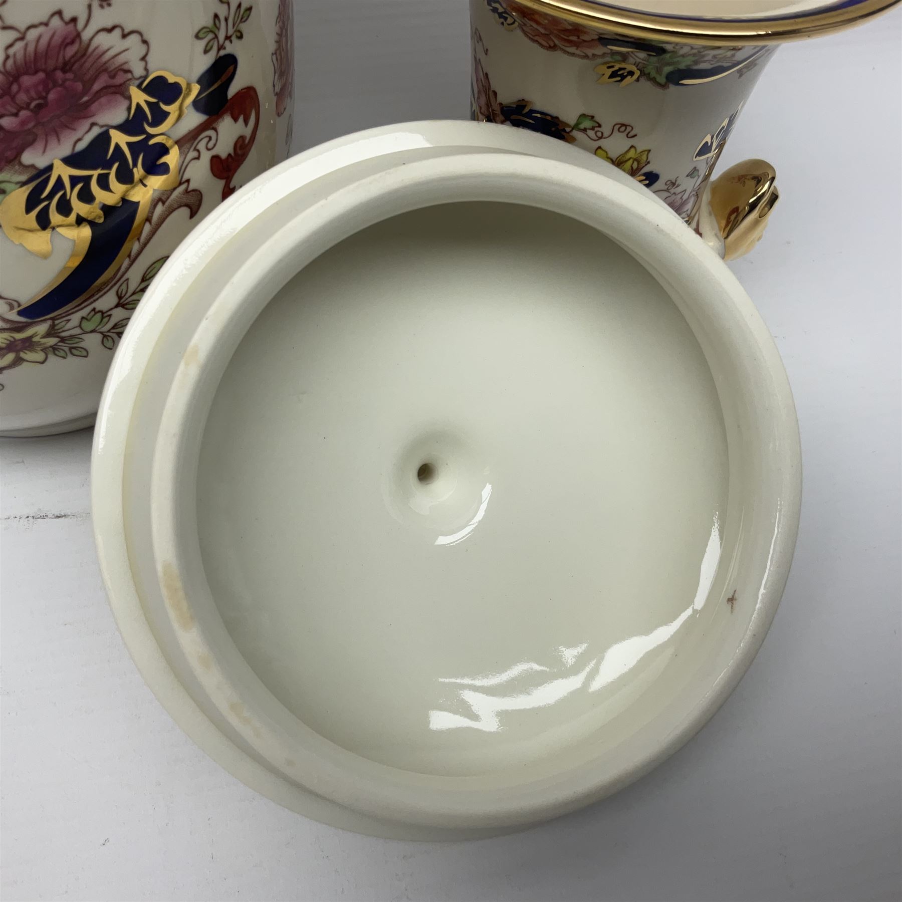 Masons Ironstone in the Mandalay pattern stepped dish, vase, jug , covered jar and two picture frames 