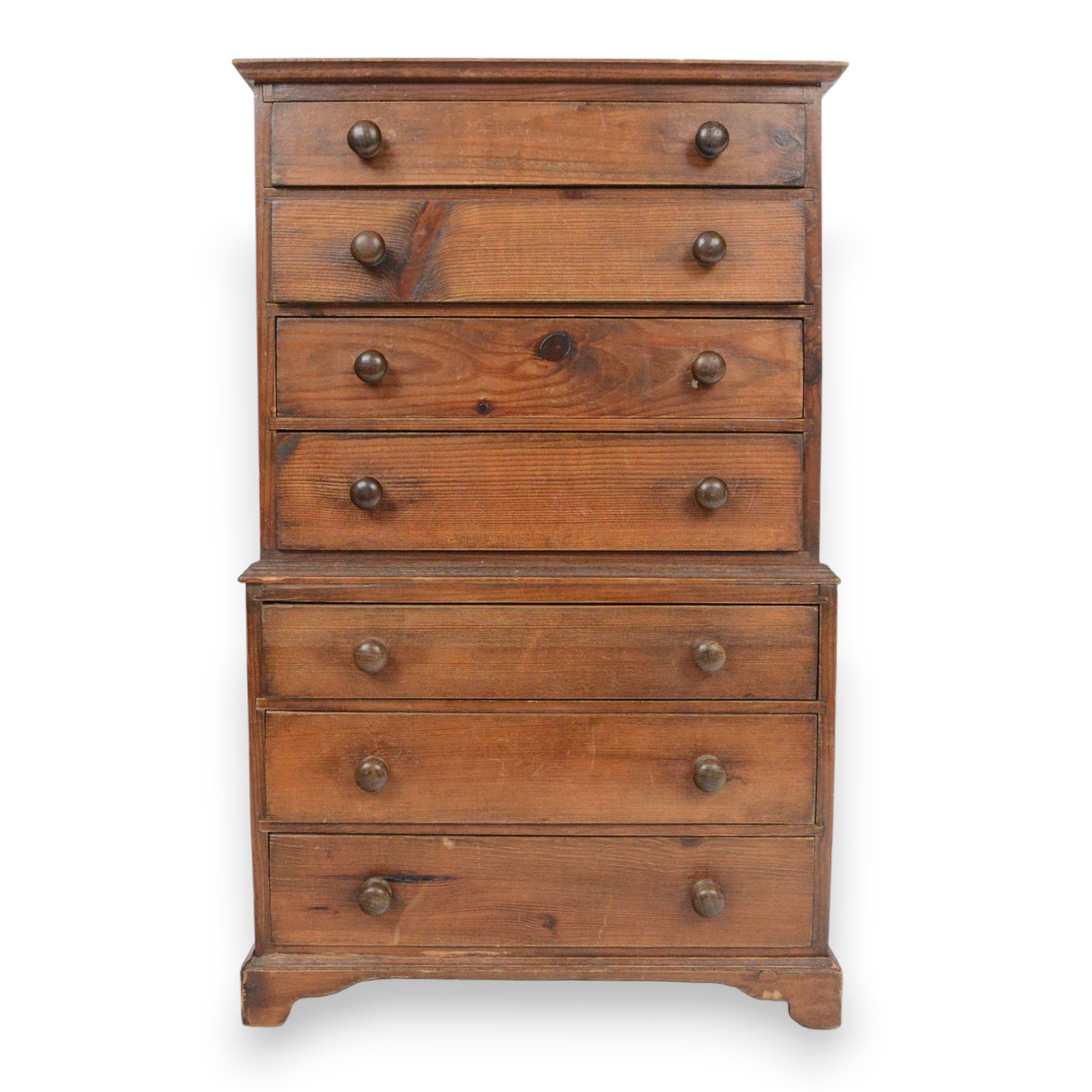 Table top straight-fronted chest on chest, with seven large draws, raised on bracket feet, H58cm 