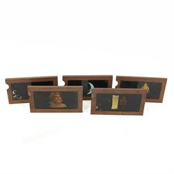 Five early 20th century animated magic lantern slides, including a Temperance meeting example and a Luna Caustic example