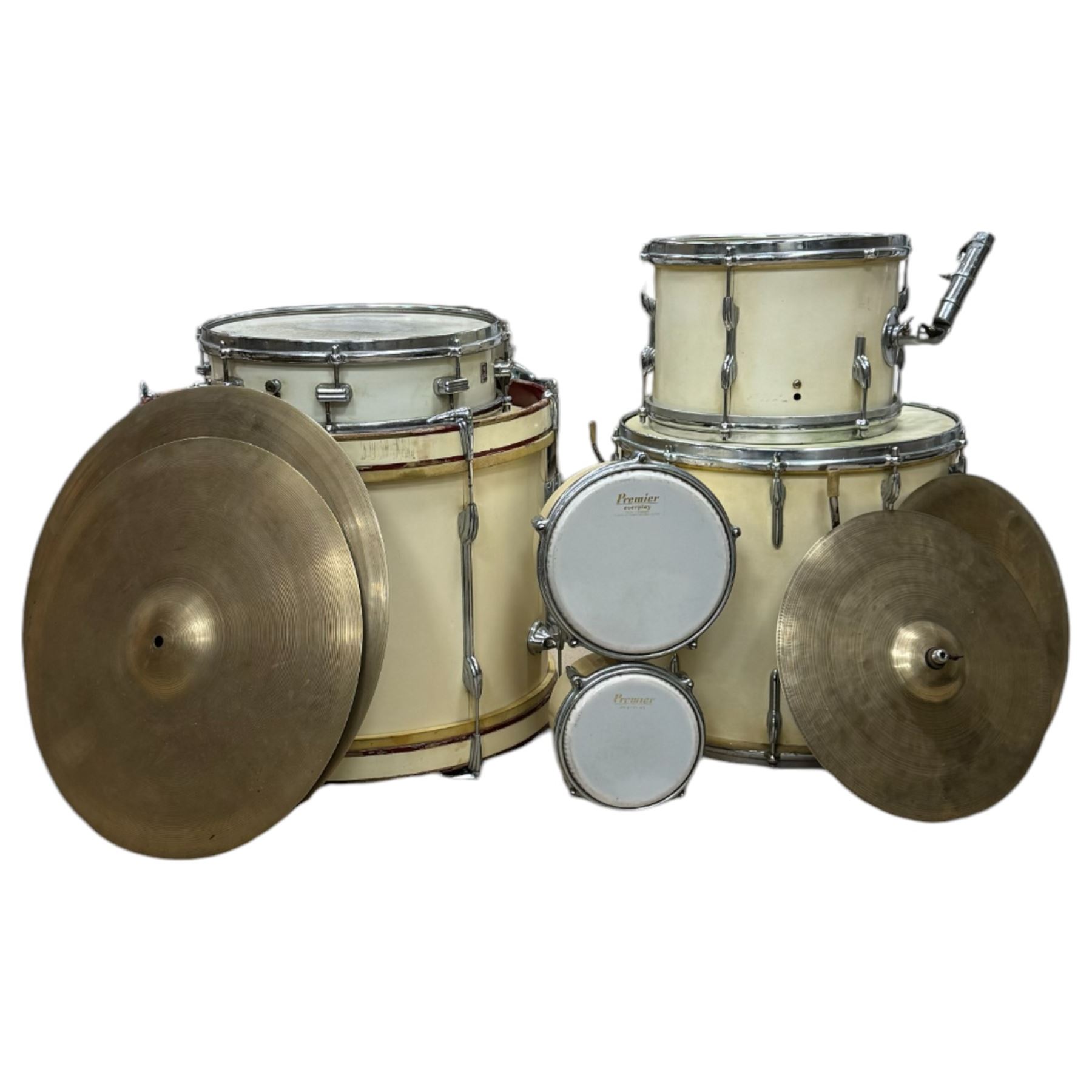 1950s Premier drum kit, owned by Ken Golder the original drummer in the John Barry Seven, comprising bass drum, floor tom, mounted tom, two bongos, Zildjian high hats and ride cymbal, Superzyn crash cymbal and stands, with some original receipts for the kit addressed to Mr Golder

