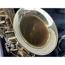 Trevor J. James & Co. 'The Horn' brass alto saxophone, serial no.T04498, H68cm in fitted carrying case