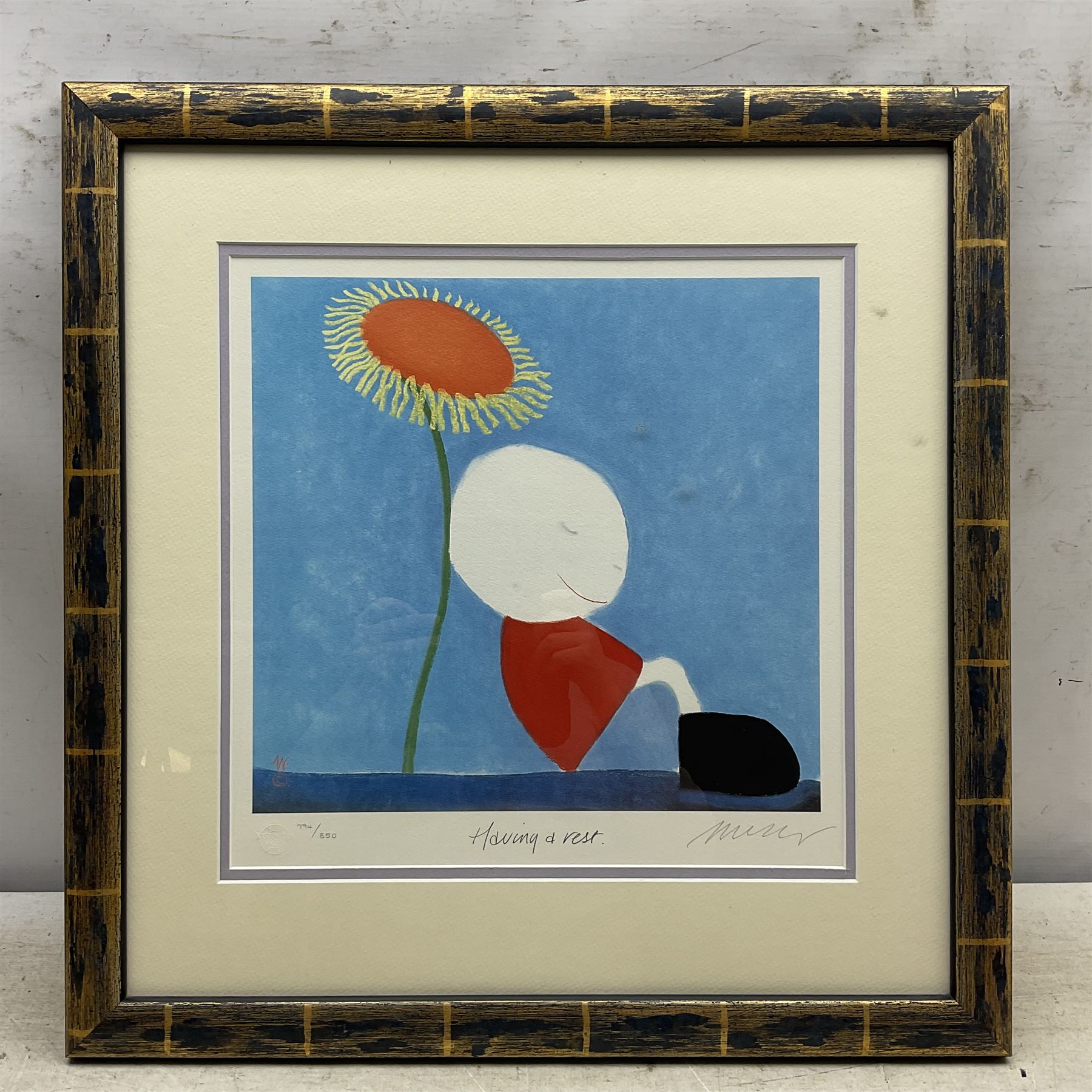 Mackenzie Thorpe (British 1956-): 'Having a Rest', limited edition print signed titled and numbered 794/850 in pencil, Washington Green blindstamp 34cm x 34cm 
