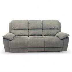 Oak Furnitureland - charcoal fabric electric recliner suite, comprising three-seat sofa and two matching armchairs, each with power reclining mechanism and integrated USB-A charging socket, upholstered in soft charcoal grey fabric with pillow arms and split back cushions

Armchairs W 100, D 82, H 104cm
Sofa W 230cm, D 82cm, H 104cm
