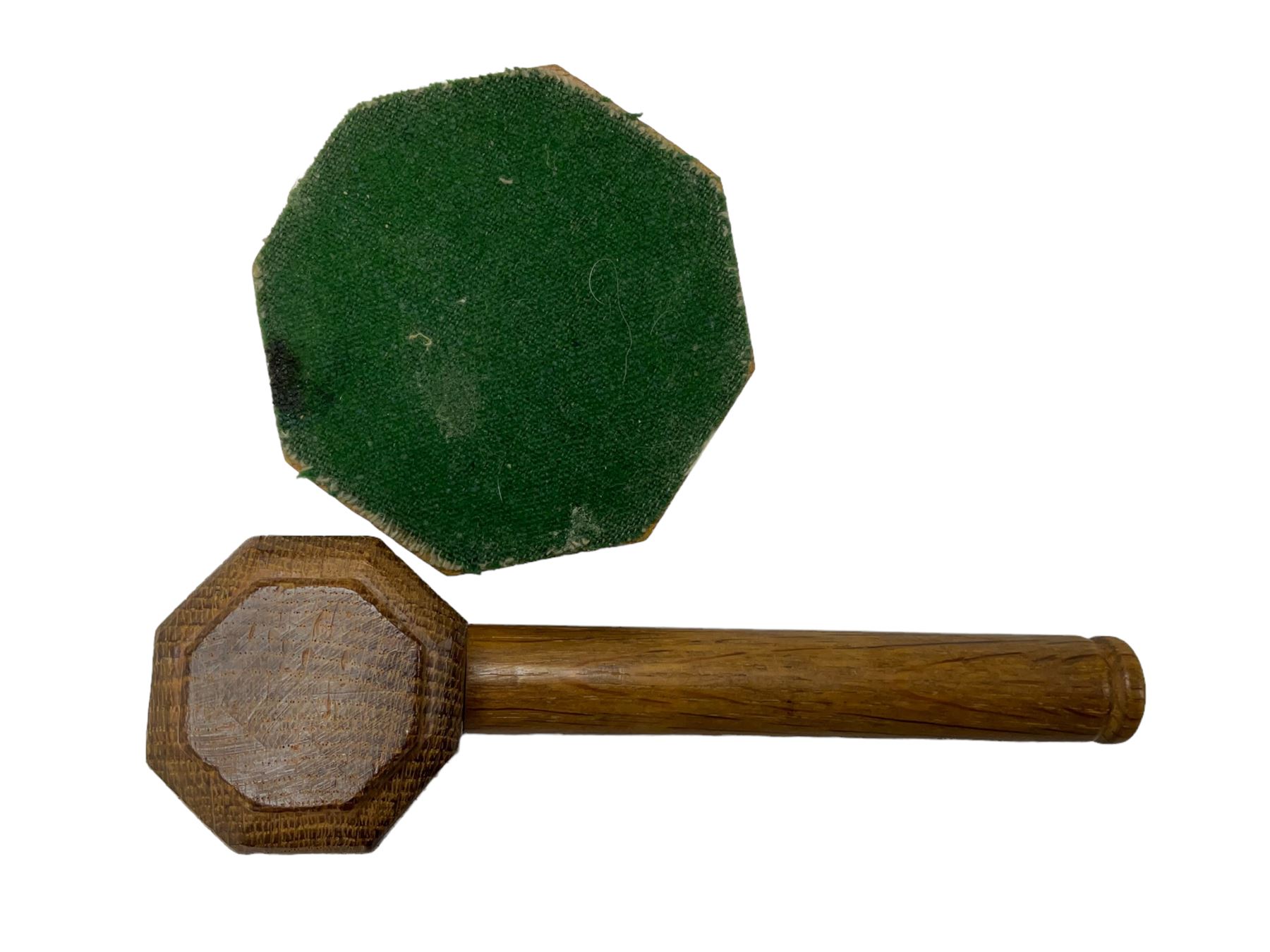 Mouseman - oak gavel and block, the octagonal head with carved mouse signature, the block of octagonal stepped form with baize lined underside, by the workshop of Robert Thompson, Kilburn, L17.5cm
