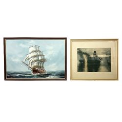 After J M W Turner - 'Peace Burial at Sea', 1960s Tate Gallery poster (framed) together with Hydan (Continental 20th century): Brig at Full Sale, oil on canvas signed max 59cm x 89cm (2)