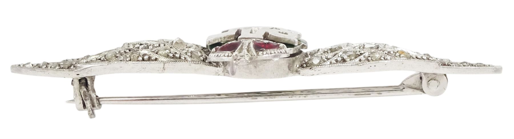 Early 20th century white gold, rose cut diamond and enamel RAF brooch, stamped 9ct