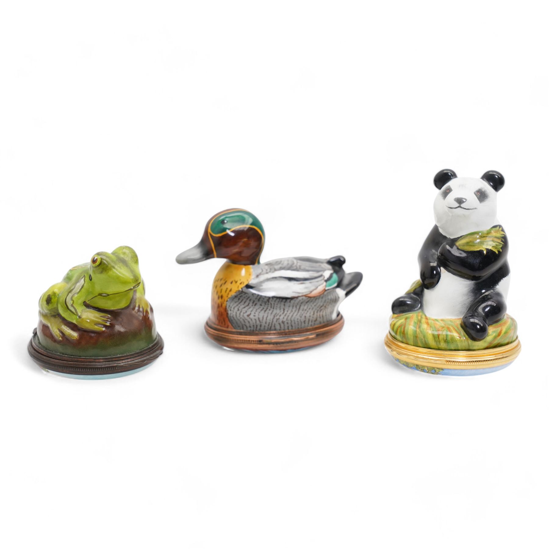 Three Halcyon Days enamel bonbonnieres comprising a mallard, panda and frog, H7cm max (3)
