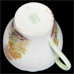 Shelley Heather pattern coffee service for six, including coffee pot, milk jug, two open sucrier, coffee cups and saucers, tea cups and saucers, etc