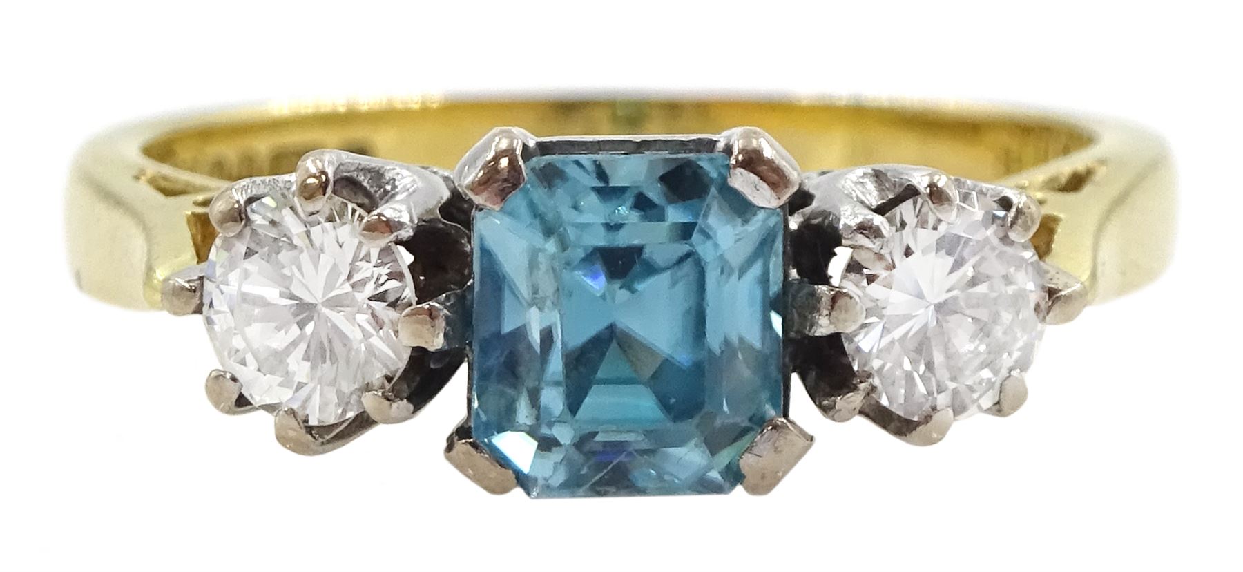 18ct gold three stone blue zircon and round brilliant cut diamond ring, hallmarked, total diamond weight approx 0.40 carat