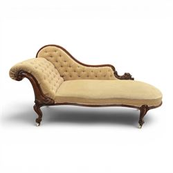 Victorian mahogany chaise lounge, scrolled back rest with deep buttoned back, upholstered ...