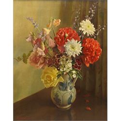 Sherlock Evans (British 1893-1982): Still life of Roses and Flowers in a Jug, oil on canvas signed dated '52, 49cm x 39cm
Notes: Evans was born in Hawick and lived most of his life in the Bradford area. He is known to have painted floral scenes for Terry's Chocolate boxes throughout his life he was employed by Fields Co and Sons (Bradford).