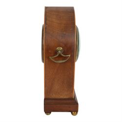 Edwardian painted mahogany lancet clock, arched case with brass side handles, 8-day movement stamped with Richard & Co logo and brass back cover, enamelled dial with Roman chapters, brass hands, glass bezel, arched case with brass side handles on brass bun feet, dial chipped, with winding key 