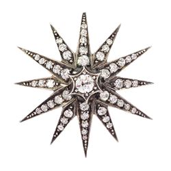 Victorian gold and silver old cut diamond star brooch, total diamond weight approx 1.25 carat