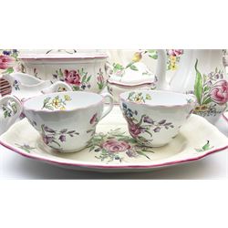 Matched Copeland Spode, Spode and French Luneville and Marlborough Sprays pattern dinner and tea wares, comprising two tureen and covers and apple finials, two sauce tureen and covers with pear finials and fixed stands, six graduated platters including two pairs, large plate, thirteen dinner plates, twelve bowls, ten smaller bowls, eight side plates, eleven smaller side plates, teapot, twin handled sucrier and cover with apple finial, open sucrier, cream jug, smaller cream jug, four breakfast cups, eight tea cups, four large saucers, eleven smaller saucers, and nine further smaller saucers. 