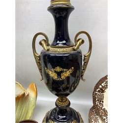 Sevres style vase and cover, the body of baluster form with scrolling gilt metal mounts printed with courting couple scene, together with copper lustre jug and quantity of Royal Worcester Palissy Game Series plates, quantity of Pendelfin figures etc, vase H44cm