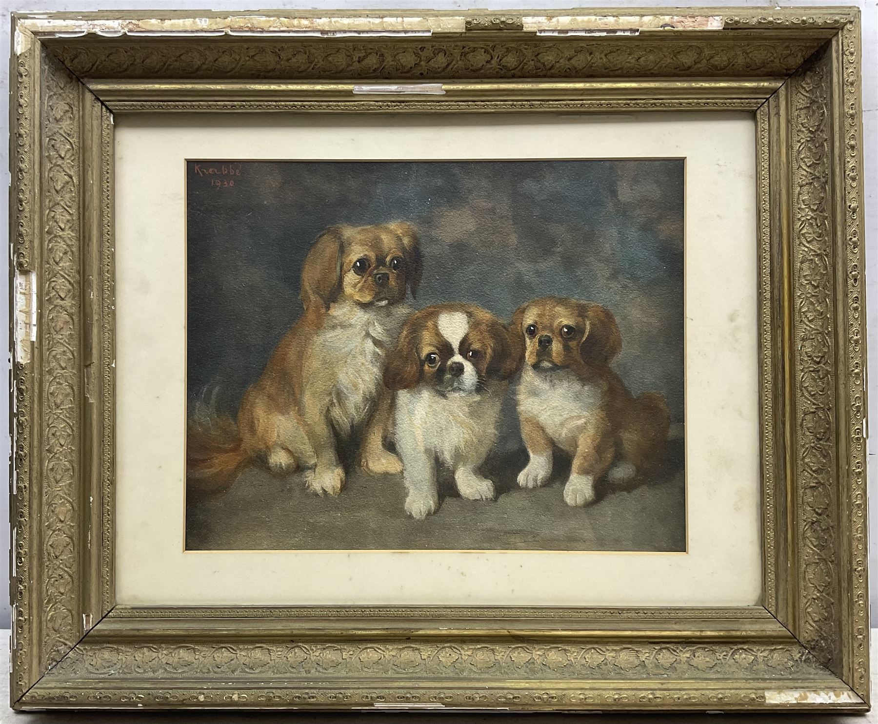 Maarten Hendrik Krabbe (Dutch 1868-1931): Three Pekingese Puppy Dogs, watercolour signed and dated 1930, 28cm x 35cm