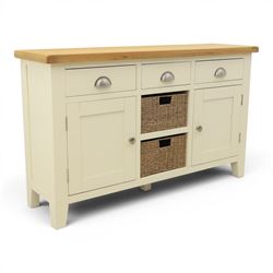 Contemporary white painted sideboard, oak veneered top above three drawers with metal cup ...