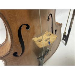 Early 20th century full size violin in a hard case with bow, ebonised fittings and fingerboard, bridge and tailpiece length 60cm