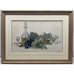 Hannah (Hoyland) Mayor (Staithes Group 1871-1947): Still Life of a Decanter and Grapes, watercolour signed, with E.S.K. (examined by South Kensington Art School) blind stamp 40cm x 65cm 
Provenance: gifted to the vendor's mother by her friend Edith Chudley, the artist's daughter - never been on the market.