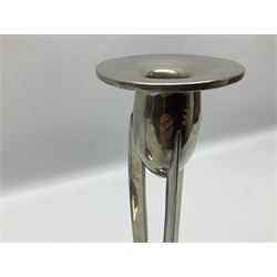 Archibald Knox (1864-1933) for Liberty & Co, pair of Tudric pewter candlesticks, the bud shaped sockets raised upon three angular fin supports and a slightly domed circular base with cast stylised foliate decoration, each stamped beneath Tudric 0223, H30cm