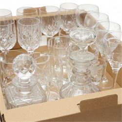 Edinburgh glass ships decanter, other decanters, cut table glass etc in two boxes