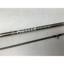 Shakespeare 'Composite Beachcaster 1332-300' 10ft two piece rod with Shakespeare alpha reel, Elastiglas two piece fly rod, Ryobi Masterline carbon fibre 'Pioneer PIF 85 Fly 8' 6