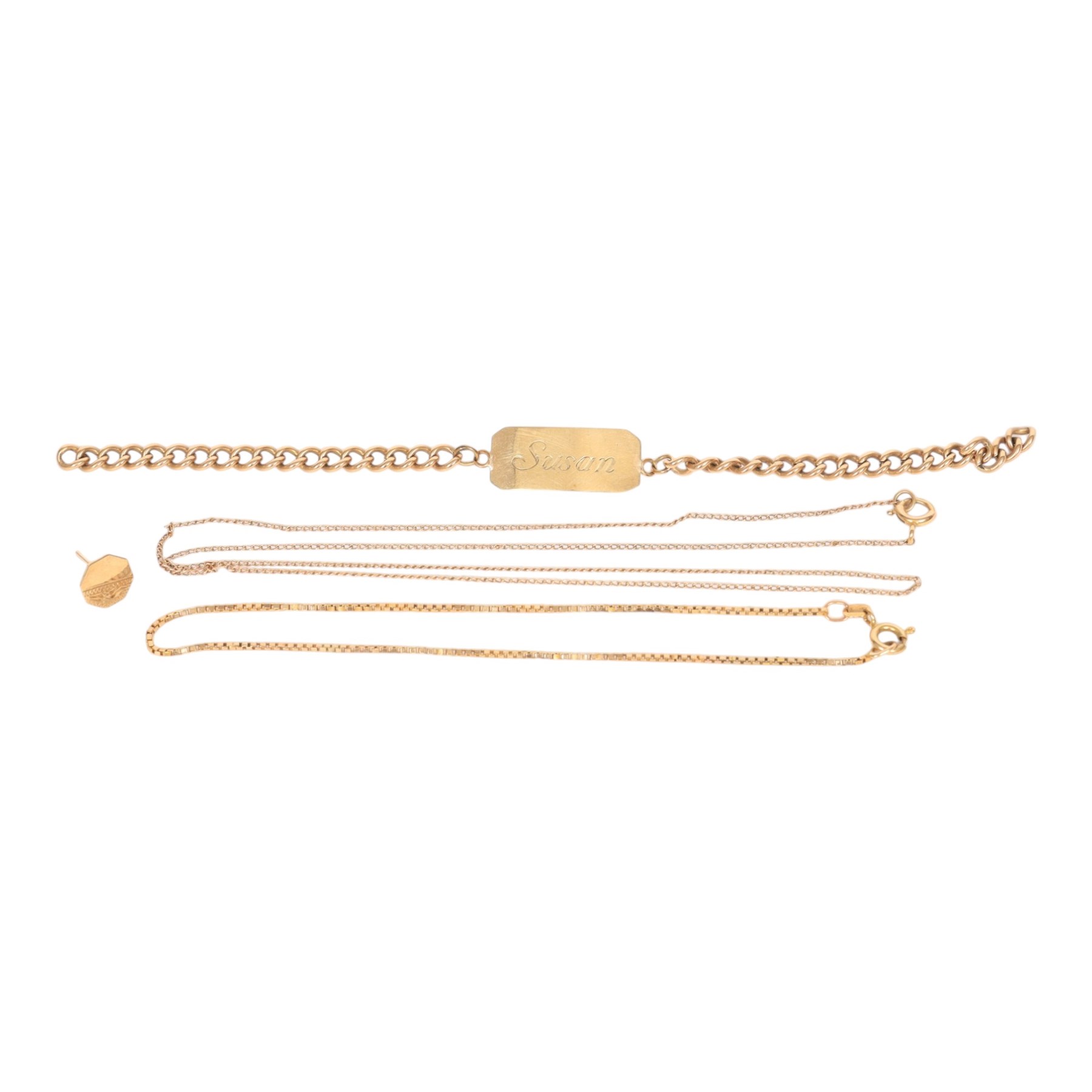 9ct gold jewellery, comprising ID bracelet, box link bracelet, single stud earring and a 10ct gold chain