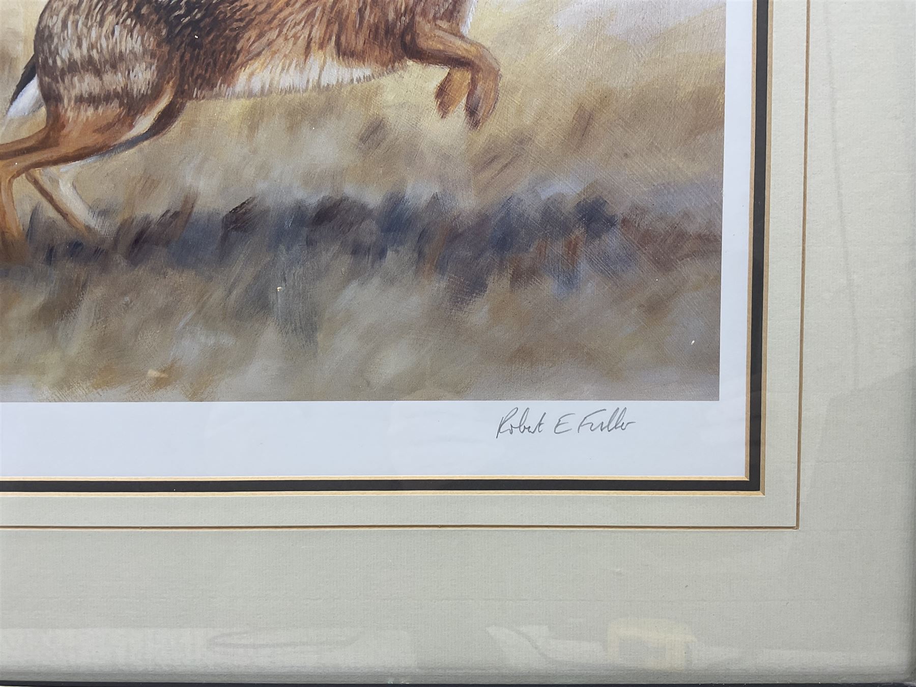 Robert E Fuller (British 1972-): 'Hares on the Run', limited edition print signed titled and numbered 250/550, 34.5cm x 93cm 