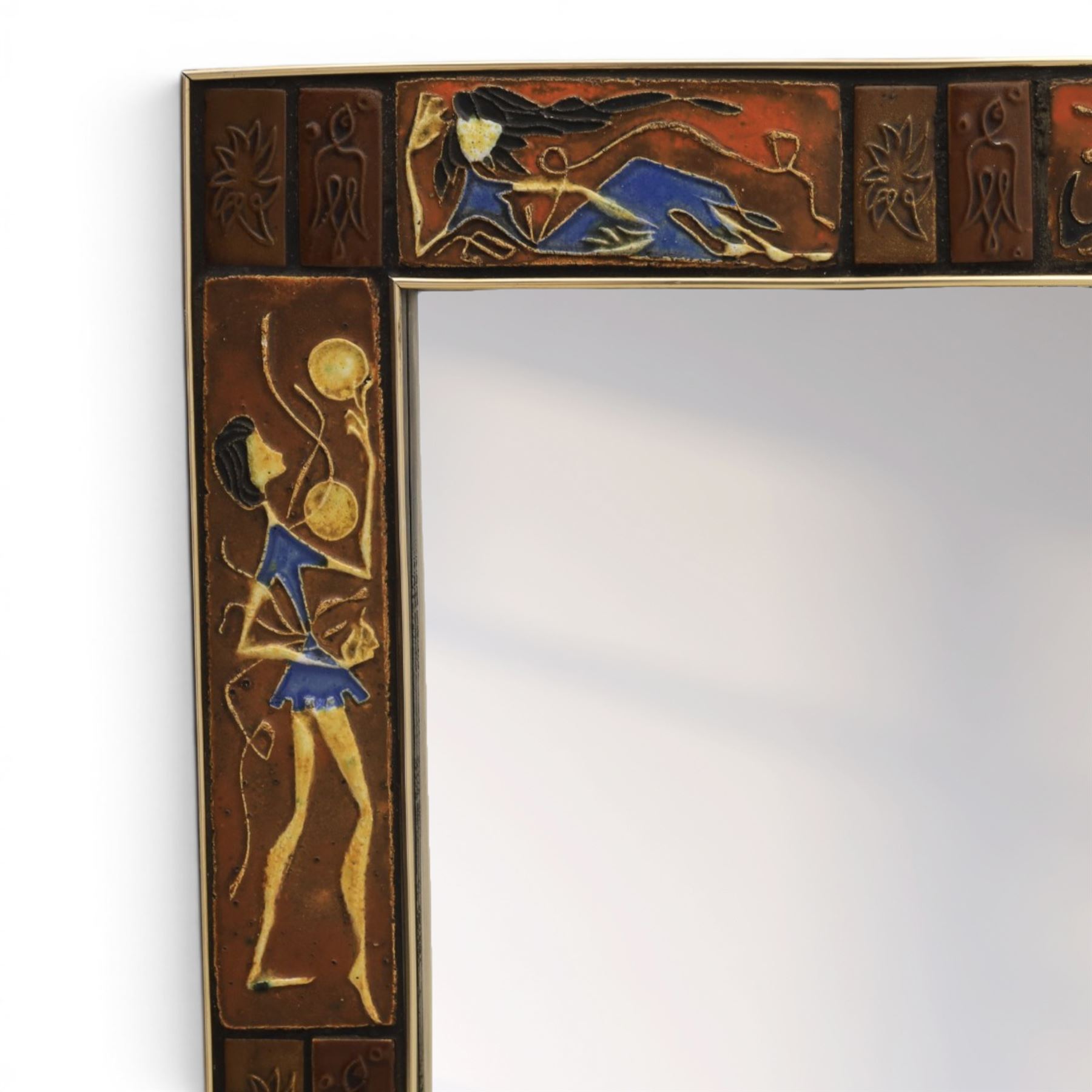 Mid-century Knitter Duro Brevete tiled rectangular wall hanging mirror, tiles decorated in relief with female figures, H58cm