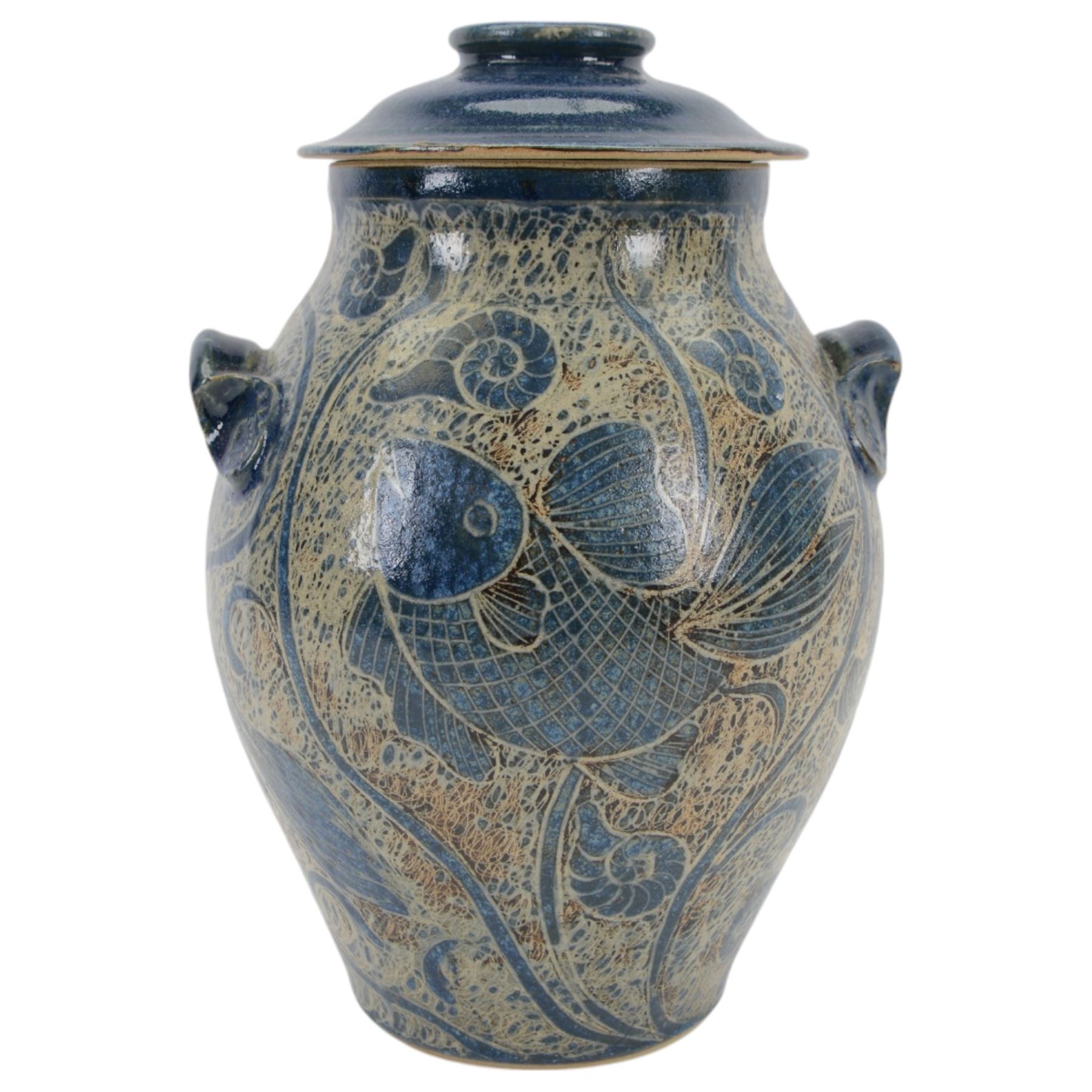 John Egerton (c1945-): studio pottery stoneware vase and cover, decorated with fish and ammonites upon a blue ground, H38cm