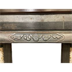 Early to mid-20th century mahogany fire surround, stepped arched top with oval bevelled mirror, fitted with shelf with fluted frieze, together with an early to mid-20th century metal fire inset with tiled uprights