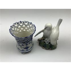 Royal Copenhagen Blue Fluted Lace vase, together with Royal Copenhagen lovebirds figure group, both with printed and painted marks beneath, vase H11cm