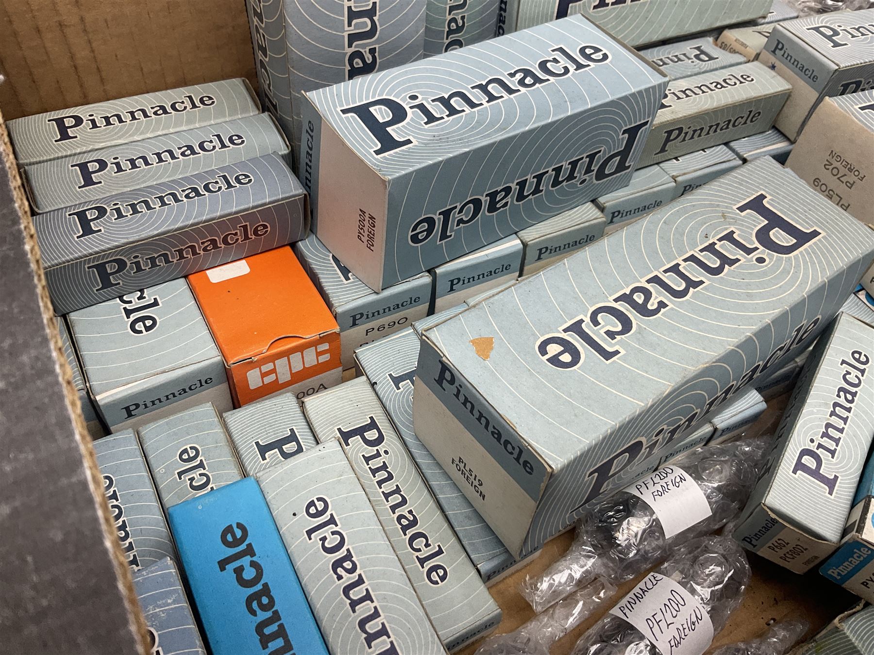 Collection of Pinnacle thermionic radio valves/vacuum tubes including PL509, PL519, PY500A, PL608, PCL86, the majority in original boxes, approximately 105 