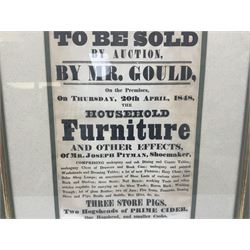Victorian auction poster, detailed North Cadbury To Be Sold By Auction by Mr. Ground, 1848, in glazed frame, H53cm W41cm