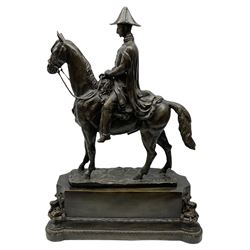 Large and impressive bronze figure of Wellington seated on a horse, on a sarcophogus shaped stepped base impressed 'Meunier Paris', the canted corners inset with battle trophies H68cm L50cm D22cm