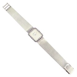 Tiffany & Co ladies 18ct white gold manual wind wristwatch, movement by Chopard, diamond and sapphire bezel, case stamped 18K with Helvetia hallmark, on 18ct white gold integral bracelet, stamped 750