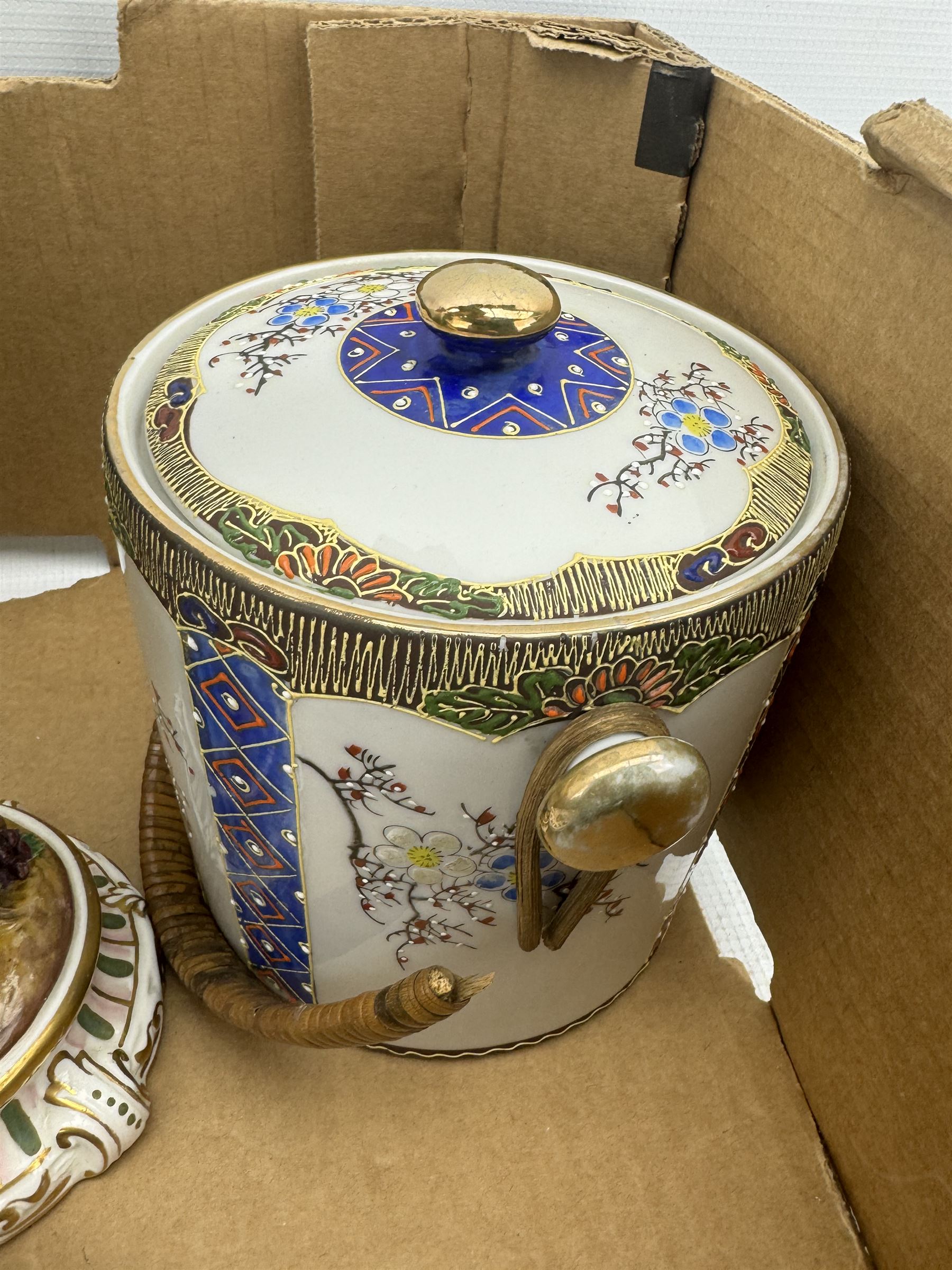 19th century figural candelabra by John Bevington, H29cm, modern Chinese vase with printed decoration, Japanese blue and white bowl, two Portuguese plates etc in one box