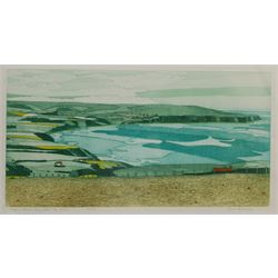 John Brunsdon (British 1933-2014): 'Robin Hood's Bay from the South', limited edition coloured etching signed titled and numbered 74/150 in pencil 31cm x 60cm with full margins (unframed)