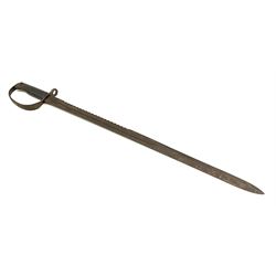 Pattern 1879 Martini Henry Carbine heavy artillery saw-back sword bayonet the 65.5cm fullered blade with various ordnance marks to the ricasso, black chequered grips and D-shaped knuckle guard, lacks scabbard, L79.5cm overall