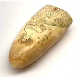 A 19th century whales tooth scrimshaw, detailed with a lady in Victorian dress, H12.5cm. 